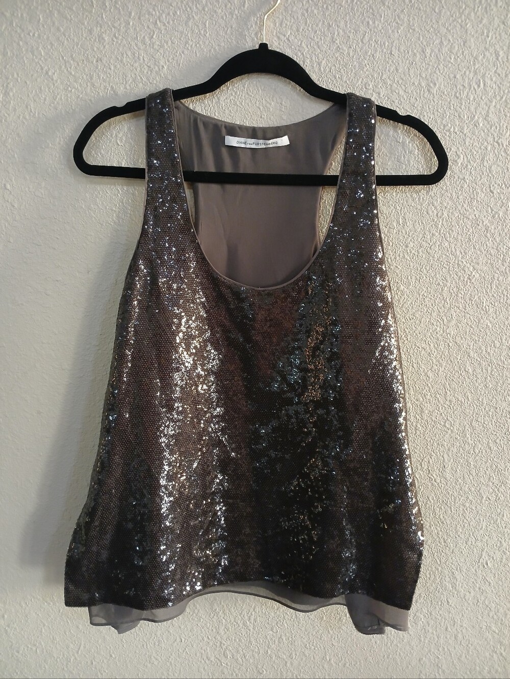 Diane Von Furstenburg Sequened Taupe Brown Racer Back Top